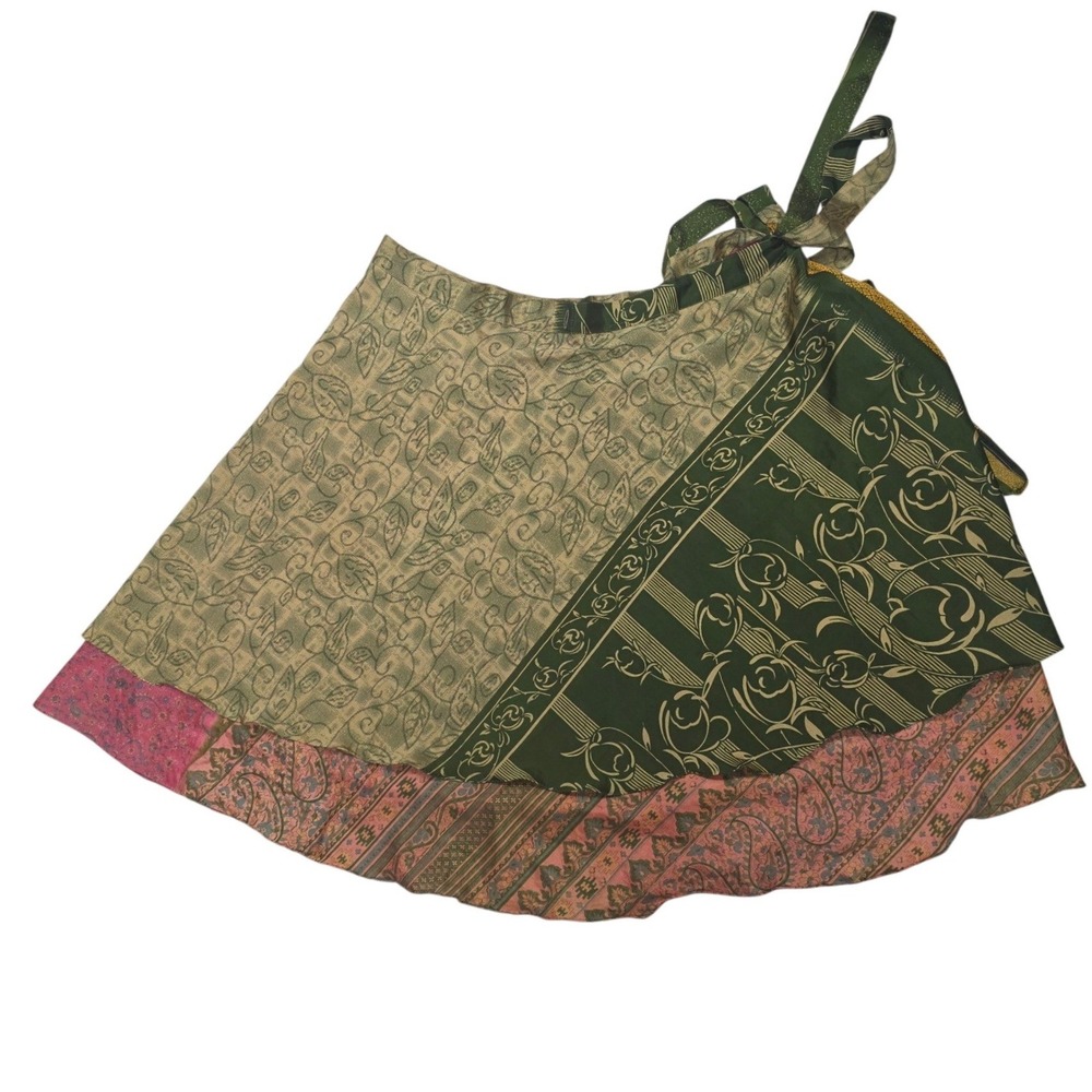 Indian Wrap Skirt Womens OS Green Pink Bohemian Silk Blend Reversible Paisley